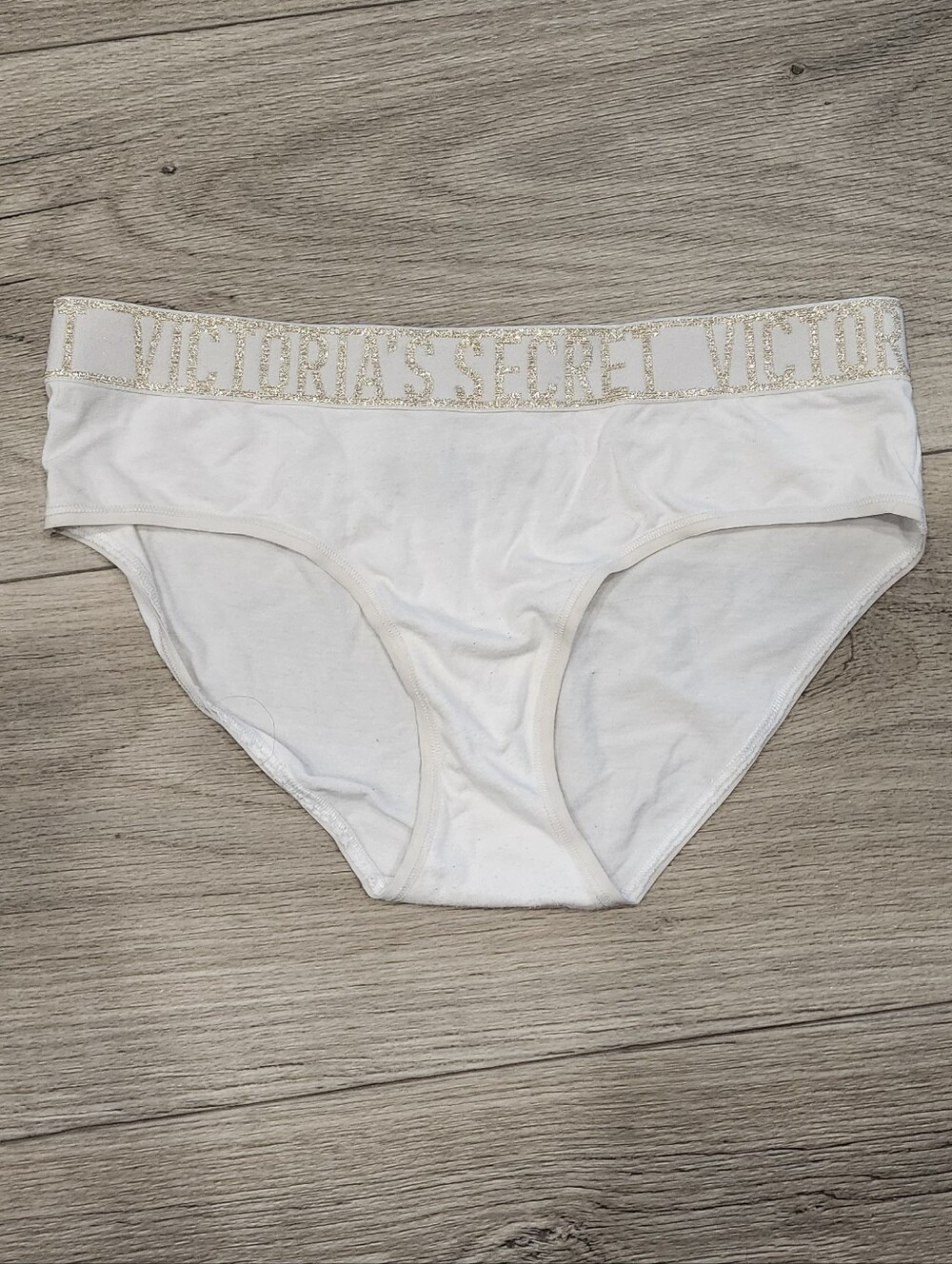 Victoria's Secret White Hiphugger Cotton Bikini with Gold Logo Waistband